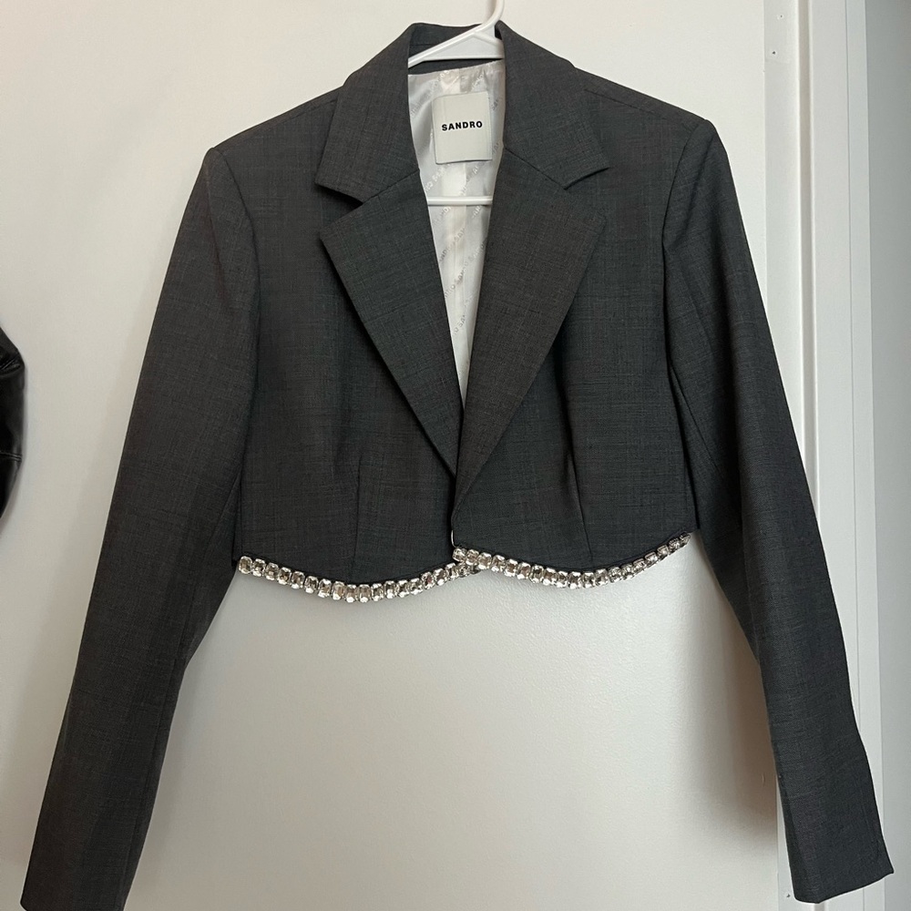 Sandro Gray Cropped Blazer with Decorative Trim